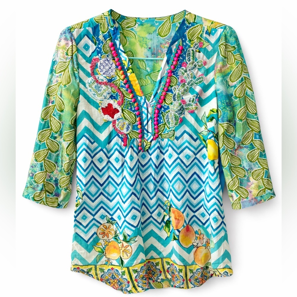 Antica Sartoria Giacomo Cinque Beaded V Neck Tunic Top Resort M